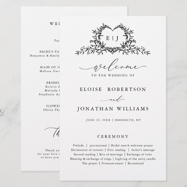 Minimalist Monogram Calligraphy Wedding Program (Front/Back)