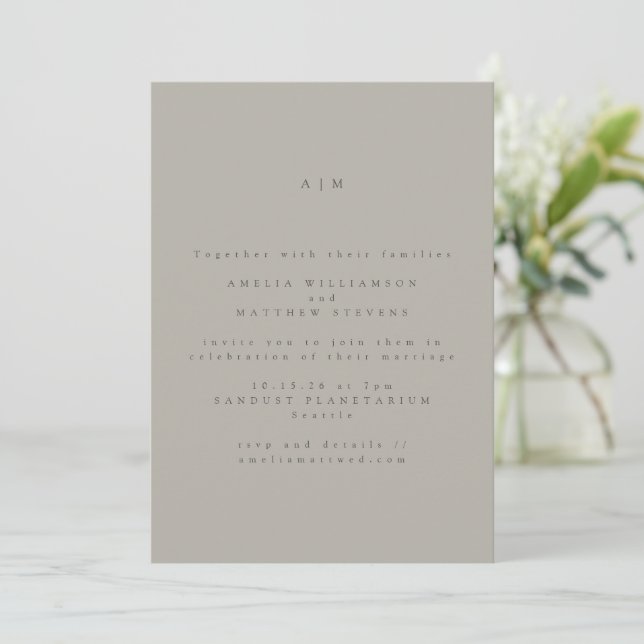 Minimalist Monogram Classic Taupe Grey Wedding Invitation (Standing Front)