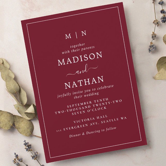 Minimalist Monogram Cranberry Red Wedding  Invitation (Creator Uploaded)