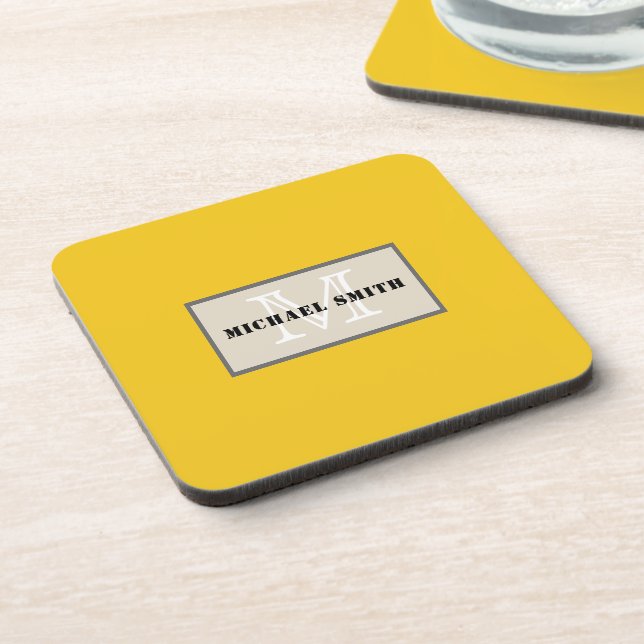 Minimalist Monogram Deep Lemon Background Coaster (Left Side)