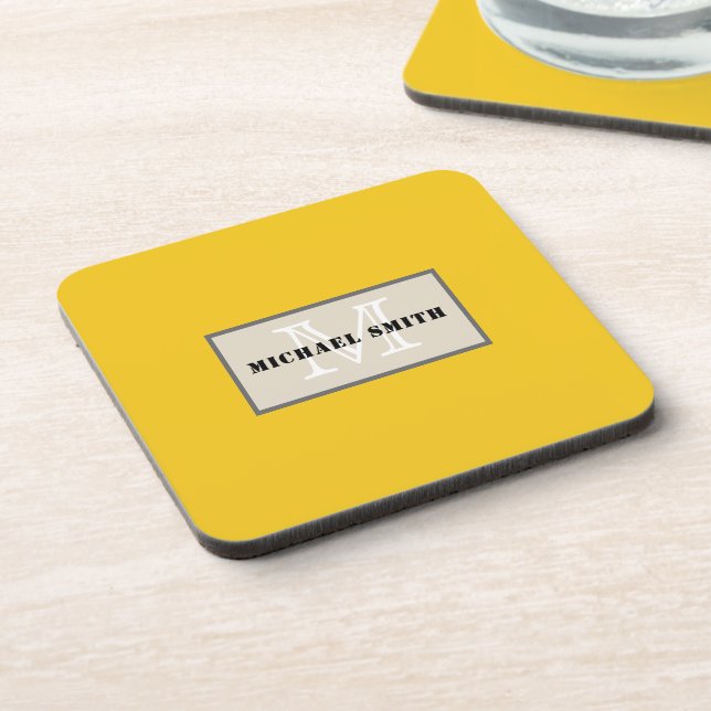 Minimalist Monogram Deep Lemon Background Coaster (Left Side)