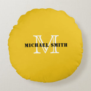 Minimalist Monogram Deep Lemon Background Round Cushion