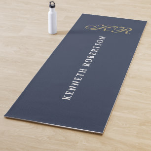 Minimalist Monogram Dusty Navy Blue Gold White Men Yoga Mat