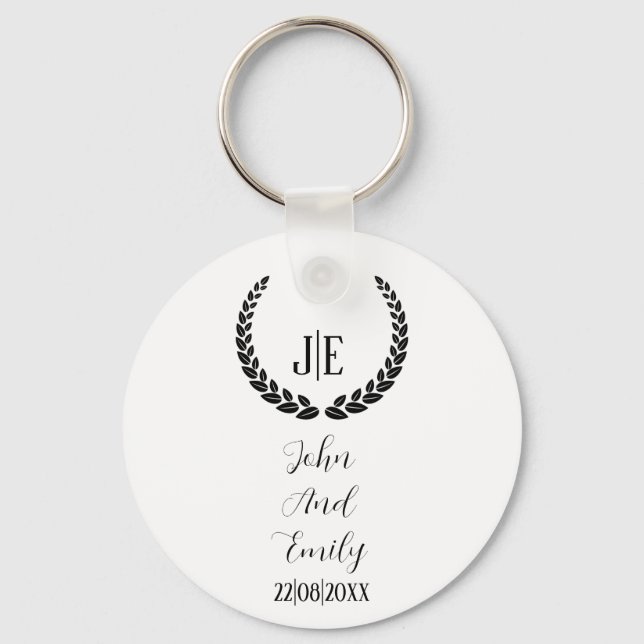 Minimalist monogram elegant black & white wedding  key ring (Front)