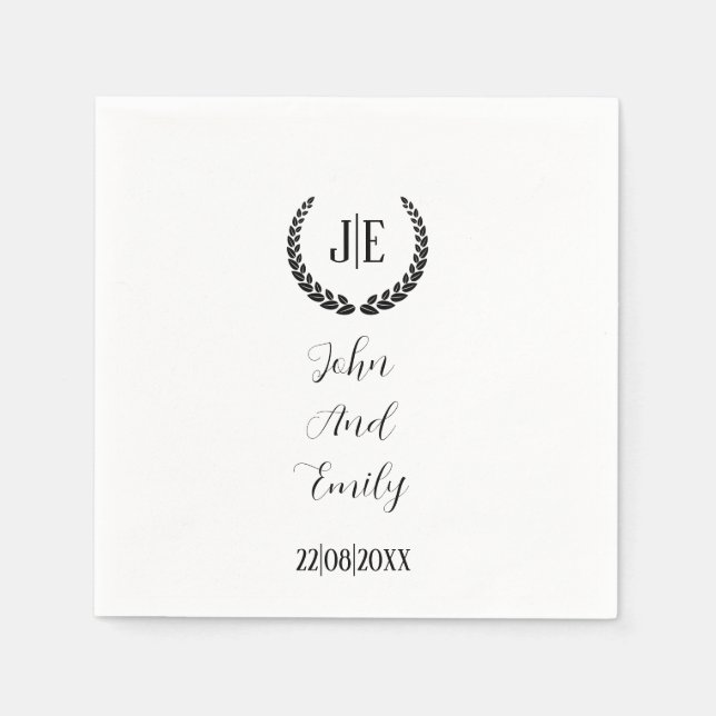 Minimalist monogram elegant black & white wedding  napkin (Front)