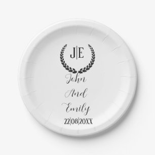 Minimalist monogram elegant black & white wedding  paper plate