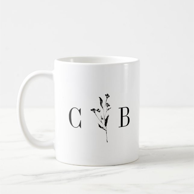 Minimalist Monogram Floral Black White Wedding Coffee Mug (Left)
