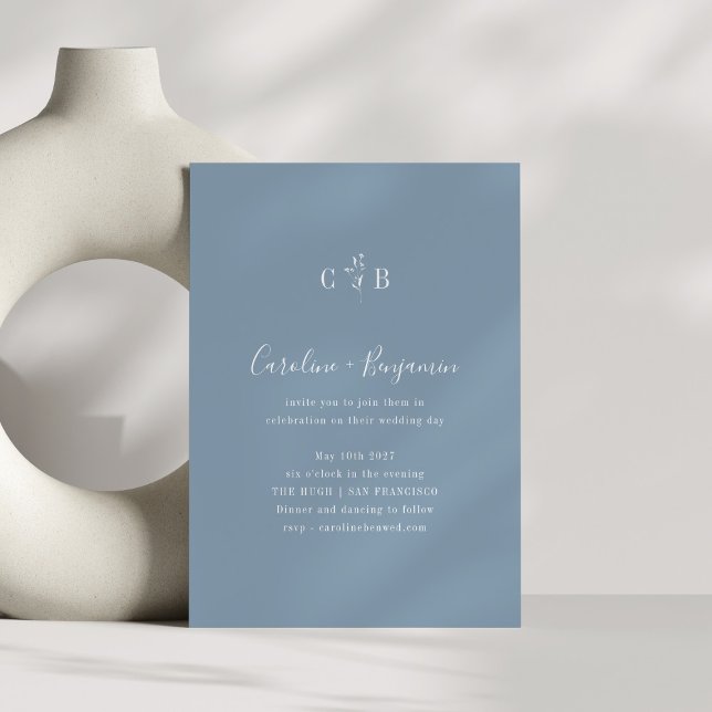Minimalist Monogram Floral Dusty Blue Wedding Invitation (Creator Uploaded)