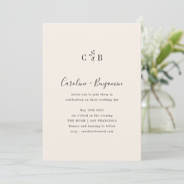 Minimalist Monogram Floral Ivory Cream Wedding Invitation (Standing Front)