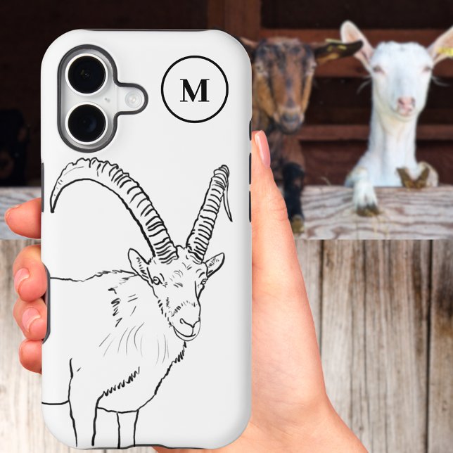 Minimalist Monogram Goat Black & White Line Art (Minimalist monogram mountain goat animal art black and white phone case)