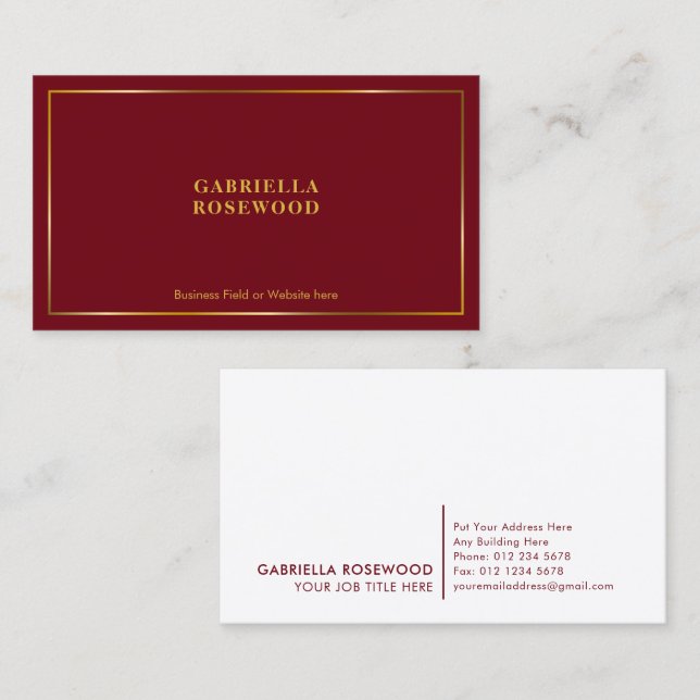 Minimalist Monogram Gold Frame Red Maroon Business Card (Front/Back)