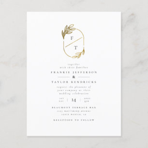 Minimalist Monogram Gold Wreath Wedding Photo Invitation Postcard