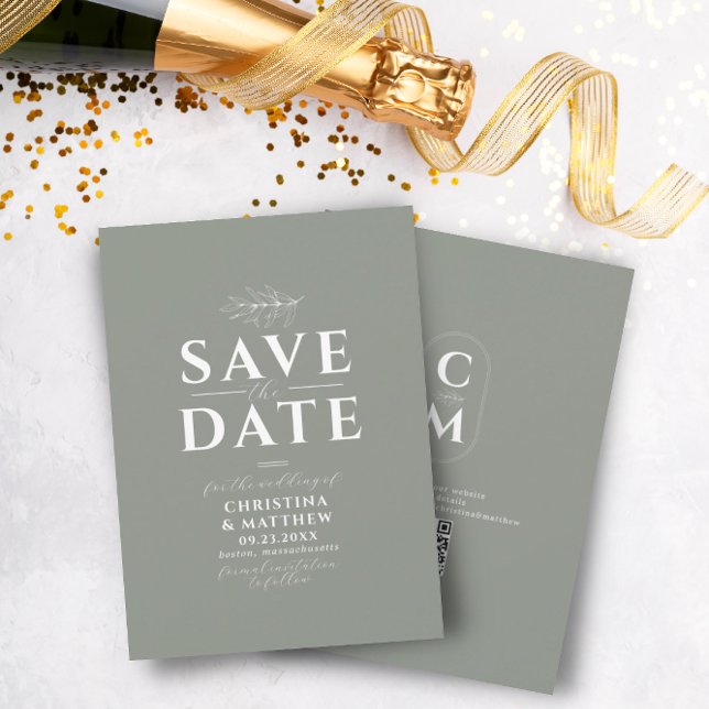 Minimalist Monogram Green Sage QR Code Save The Date (Creator Uploaded)