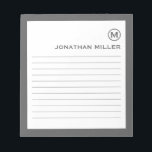 Minimalist Monogram Grey Lined Notepad<br><div class="desc">A modern minimalist lined notepad in grey and white. Custom monogram initial and name on a simple white background,  framed by a grey border. Personalise using the fields provided or use the 'message' button to contact the designer for help.</div>