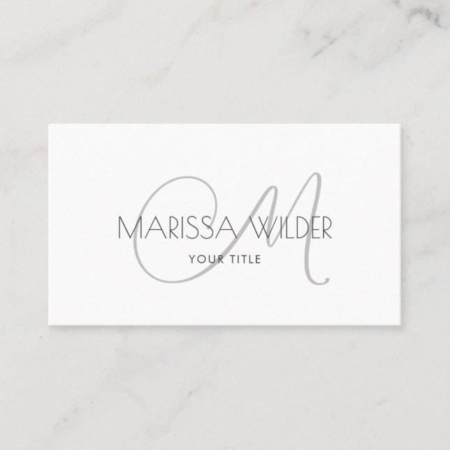 Minimalist Monogram Grey White Script Business Card (Front)