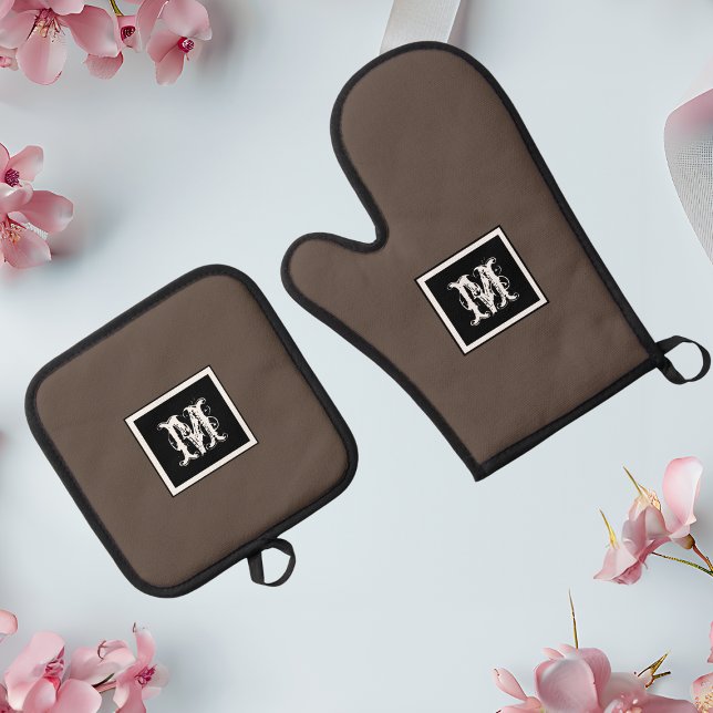 Minimalist Monogram Initial Simple Modern Rustic Oven Mitt & Pot Holder Set (Simple, elegant, monogrammed Oven Mitt & Pot Holder set for the foodie in your life..)