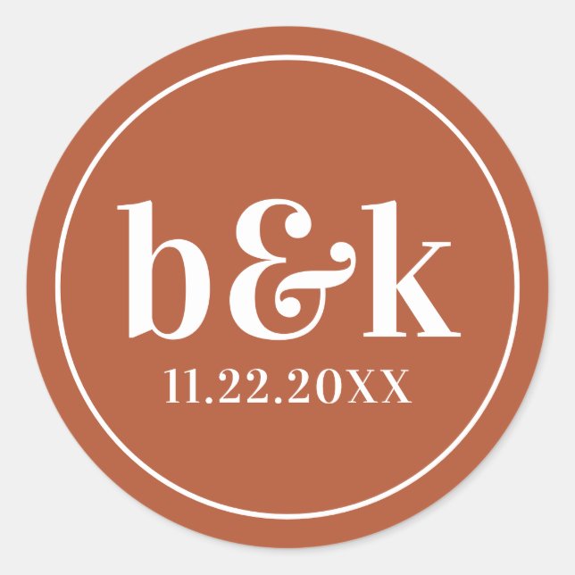 Minimalist Monogram Initials Terracotta Wedding Classic Round Sticker (Front)