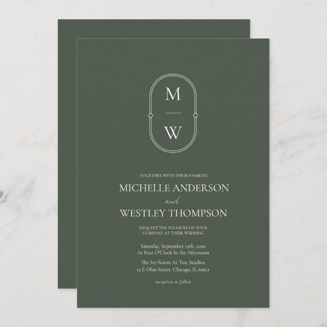 Minimalist Monogram Moss Green All in One Wedding Invitation (Front/Back)