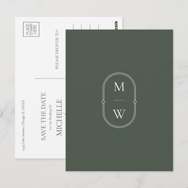 Minimalist Monogram Moss Green Save the Date Postcard (Front/Back)