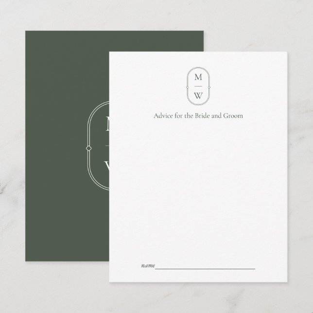 Minimalist Monogram Moss Green Wedding Advice Card (Front/Back)
