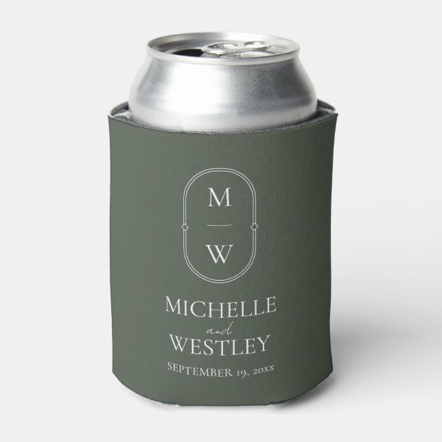 Minimalist Monogram Moss Green Wedding Can Cooler (Can Front)