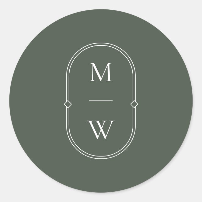 Minimalist Monogram Moss Green Wedding Classic Round Sticker (Front)