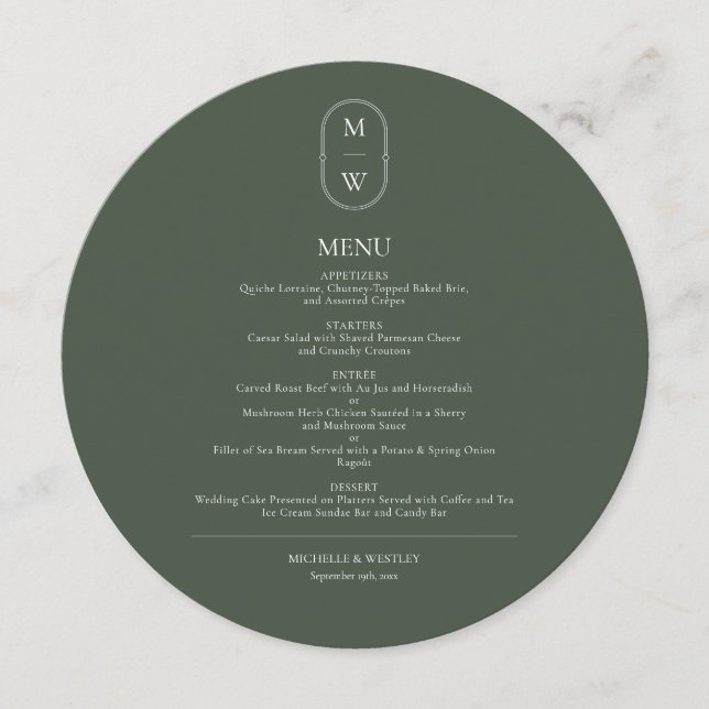 Minimalist Monogram Moss Green Wedding Menu (Front)