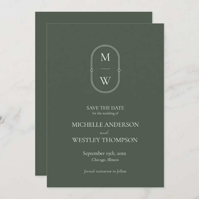 Minimalist Monogram Moss Green Wedding Save The Date (Front/Back)
