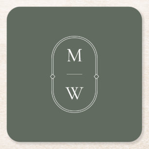 Minimalist Monogram Moss Green Wedding Square Paper Coaster