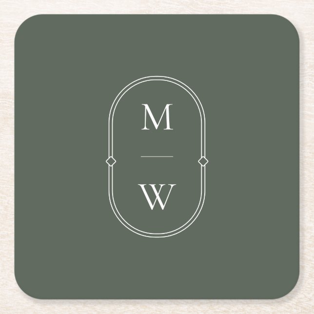 Minimalist Monogram Moss Green Wedding Square Paper Coaster (Front)