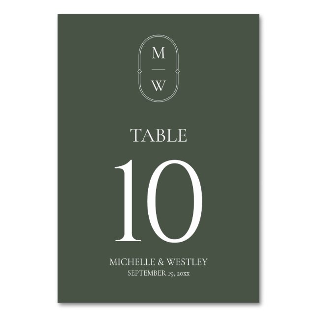 Minimalist Monogram Moss Green Wedding Table Number (Front)