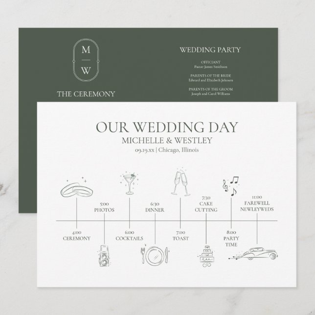 Minimalist Monogram Moss Green Wedding Timeline Program (Front/Back)