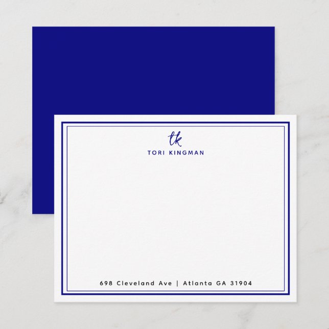 Minimalist Monogram Navy Blue Two Borders Flat Card (Front/Back)