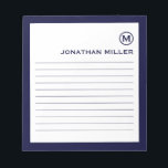Minimalist Monogram Navy Lined Notepad<br><div class="desc">A modern minimalist lined notepad in navy blue and white. Custom monogram initial and name on a simple white background,  framed by a navy blue border. Personalise using the fields provided or use the 'message' button to contact the designer for help.</div>