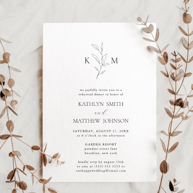 Minimalist Monogram Olive Leaf Rehearsal Dinner Invitation (Creator Uploaded)