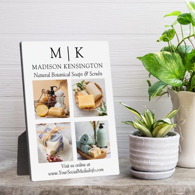 Minimalist Monogram or Add Logo Business 4 Photos Plaque (Edit to Customize text, colors and more)