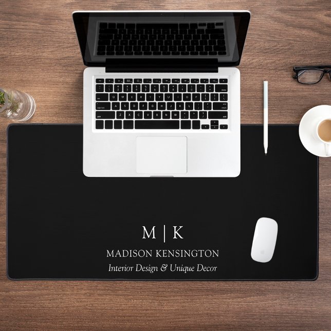 Minimalist Monogram or Add Logo Business Black Desk Mat (Edit to Customize text, colors and more)
