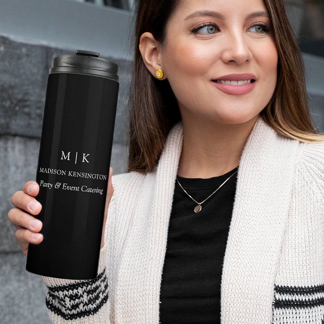 Minimalist Monogram or Add Logo Business Black Thermal Tumbler (Edit to Customize text, colors and more.)