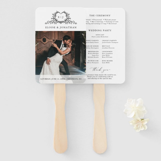 Minimalist monogram Photo Chic Wedding Program Hand Fan (Front and Back)