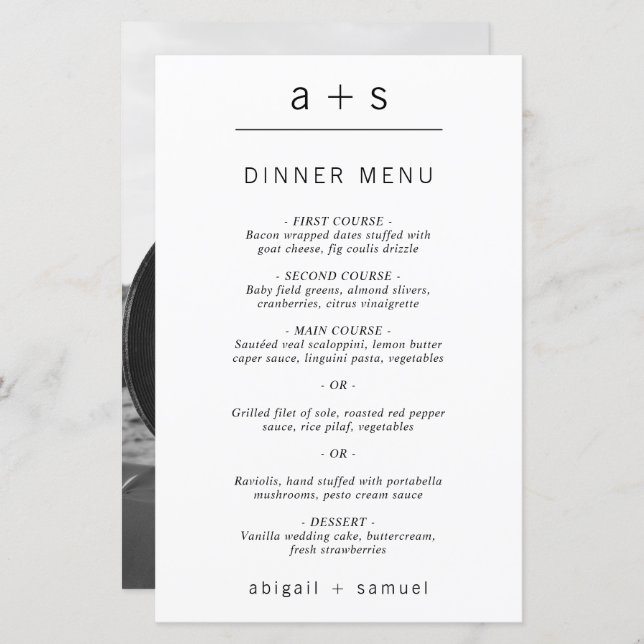 Minimalist Monogram Photo Simple Wedding Menu (Front/Back)