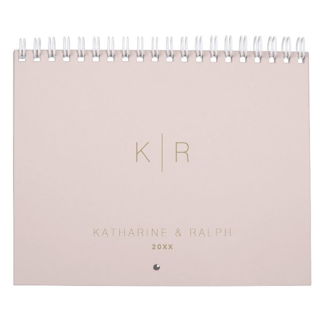 Minimalist Monogram Pink Beige Newlywed Photo Calendar (Cover)