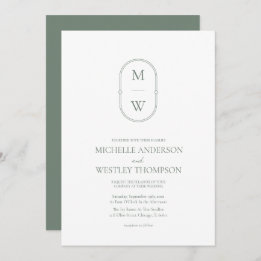 Minimalist Monogram Sage Green All in One Wedding Invitation