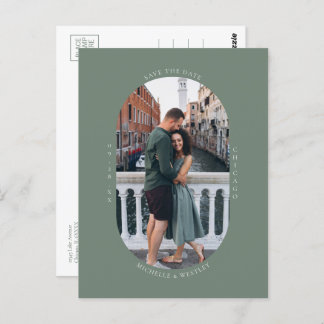 Minimalist Monogram Sage Green Photo Save the Date Postcard
