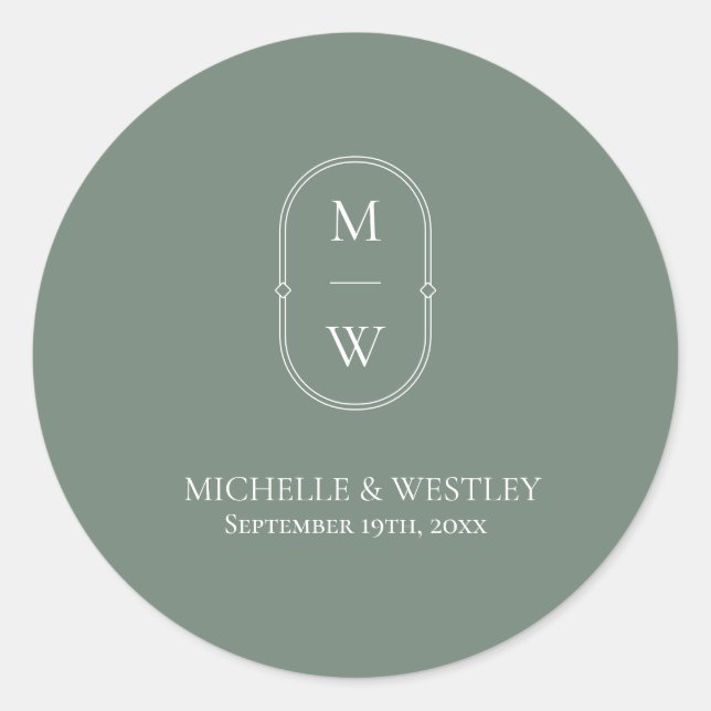 Minimalist Monogram Sage Green Wedding Classic Round Sticker (Front)