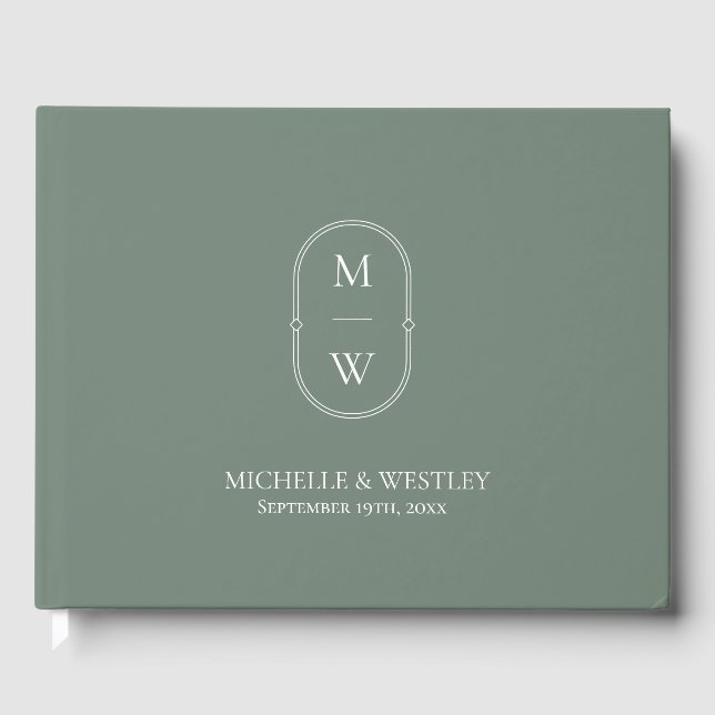 Minimalist Monogram Sage Green Wedding Guest Book (Front)