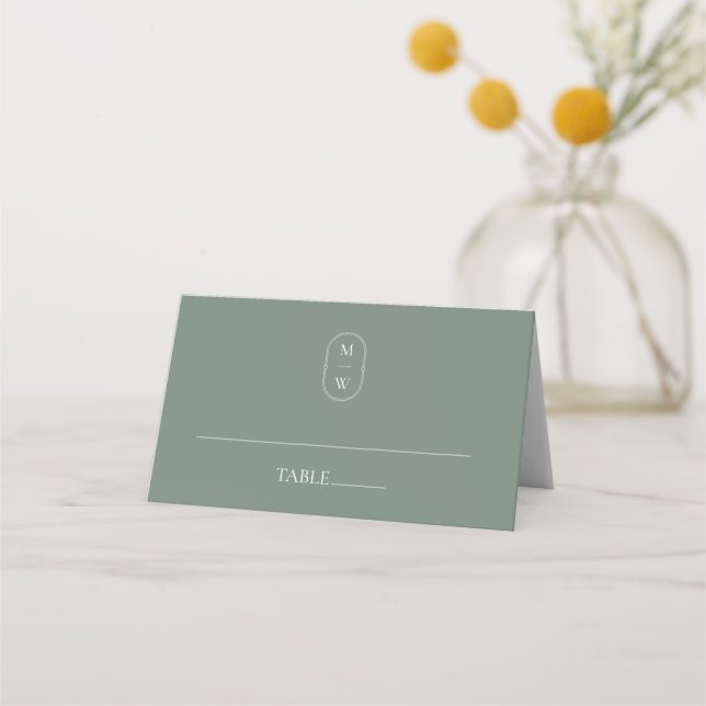 Minimalist Monogram Sage Green Wedding Place Card (Front)