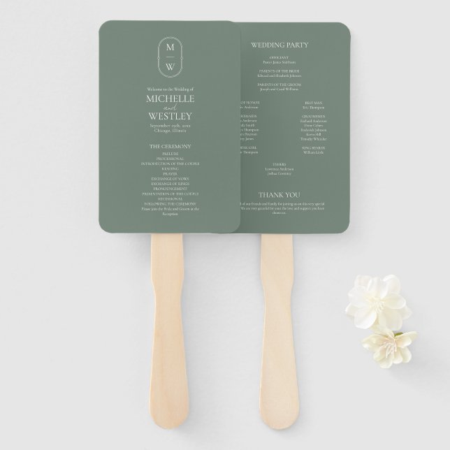 Minimalist Monogram Sage Green Wedding Program Hand Fan (Front and Back)