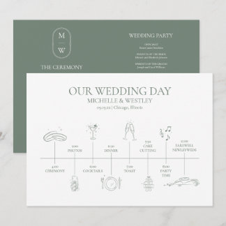 Minimalist Monogram Sage Green Wedding Timeline Program