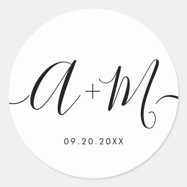 Minimalist Monogram Script Custom Wedding date Classic Round Sticker (Front)