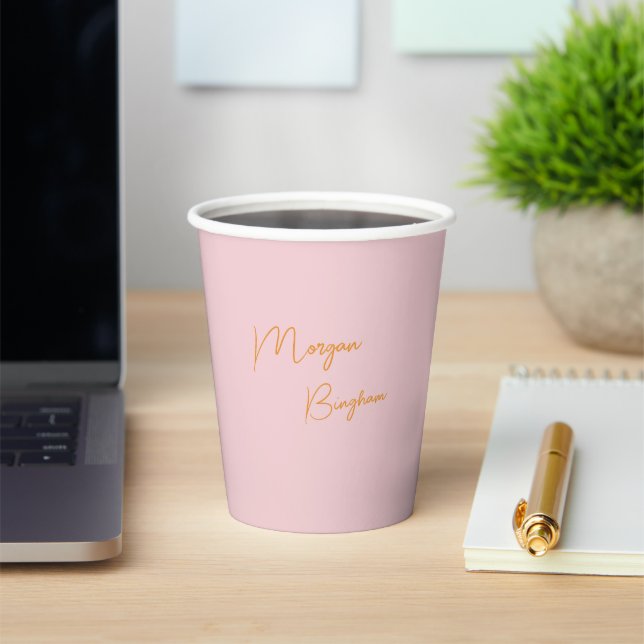 Minimalist monogram script pink paper cups (Insitu)